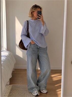 Blue & White Striped Bell-Sleeve Blouse
